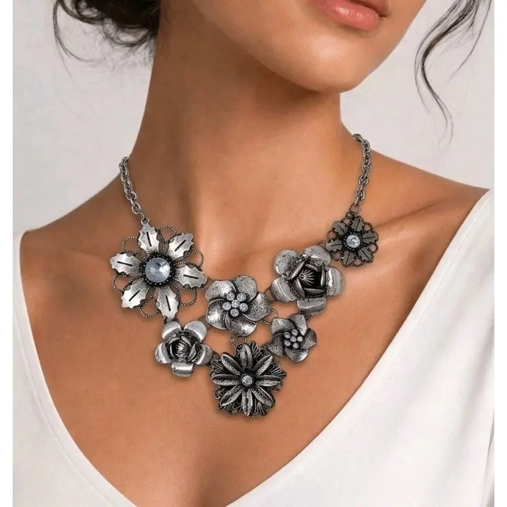 Vintage Cookie Lee Flower Statement Necklace Aged Silver Tone Rhinestones Signed